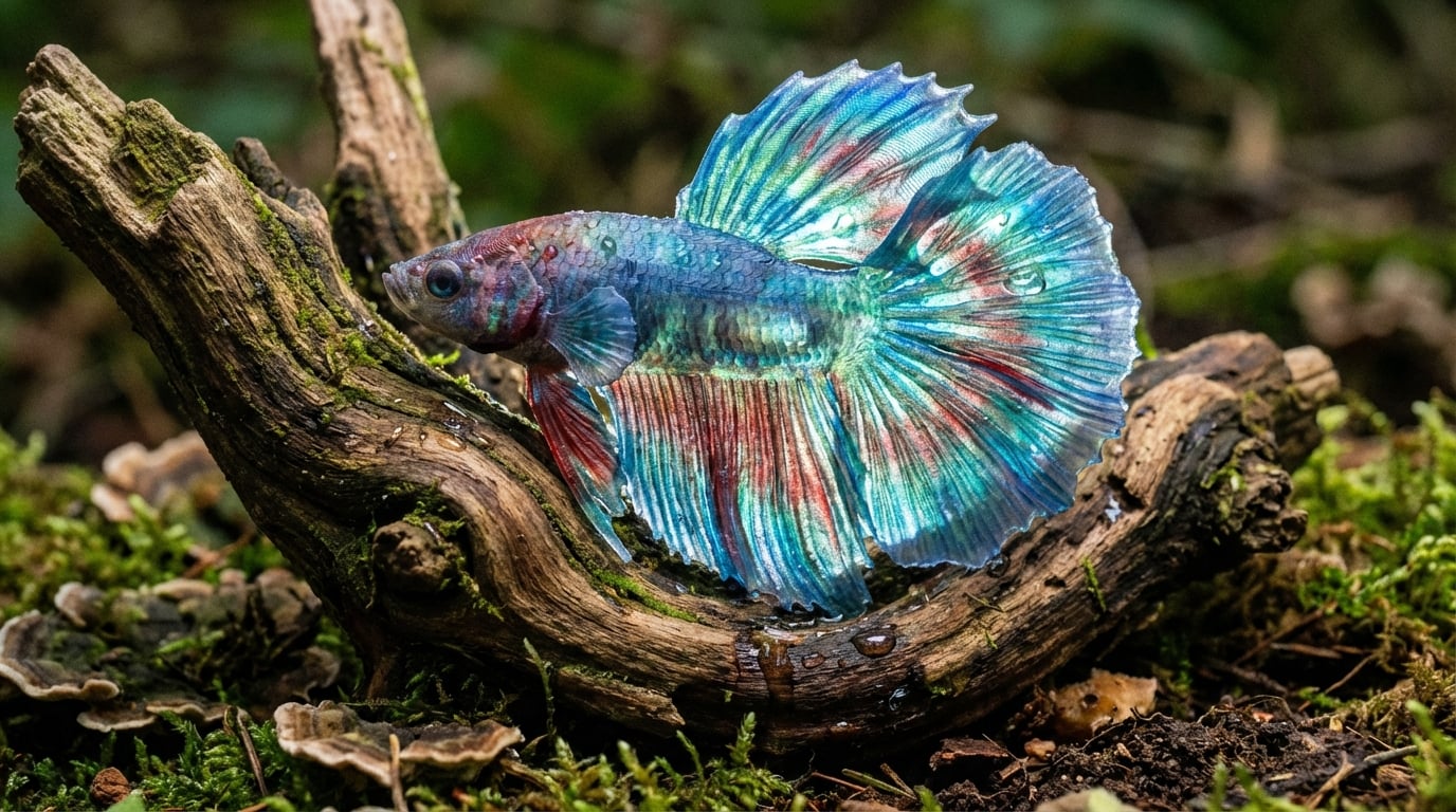 3D printed Betta fish with translucent fins on driftwood