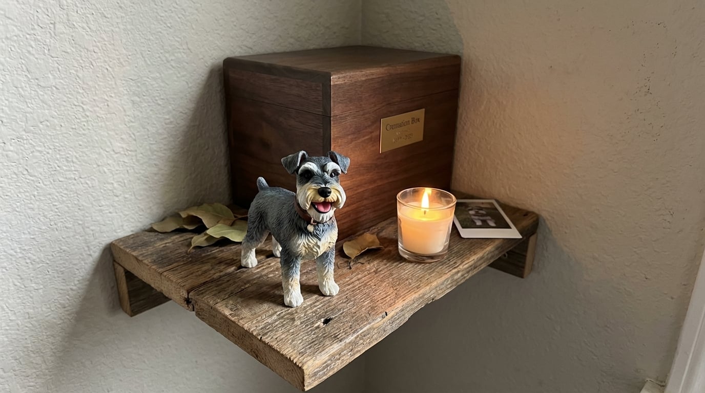 Schnauzer figurine standing in front of a wooden ash box