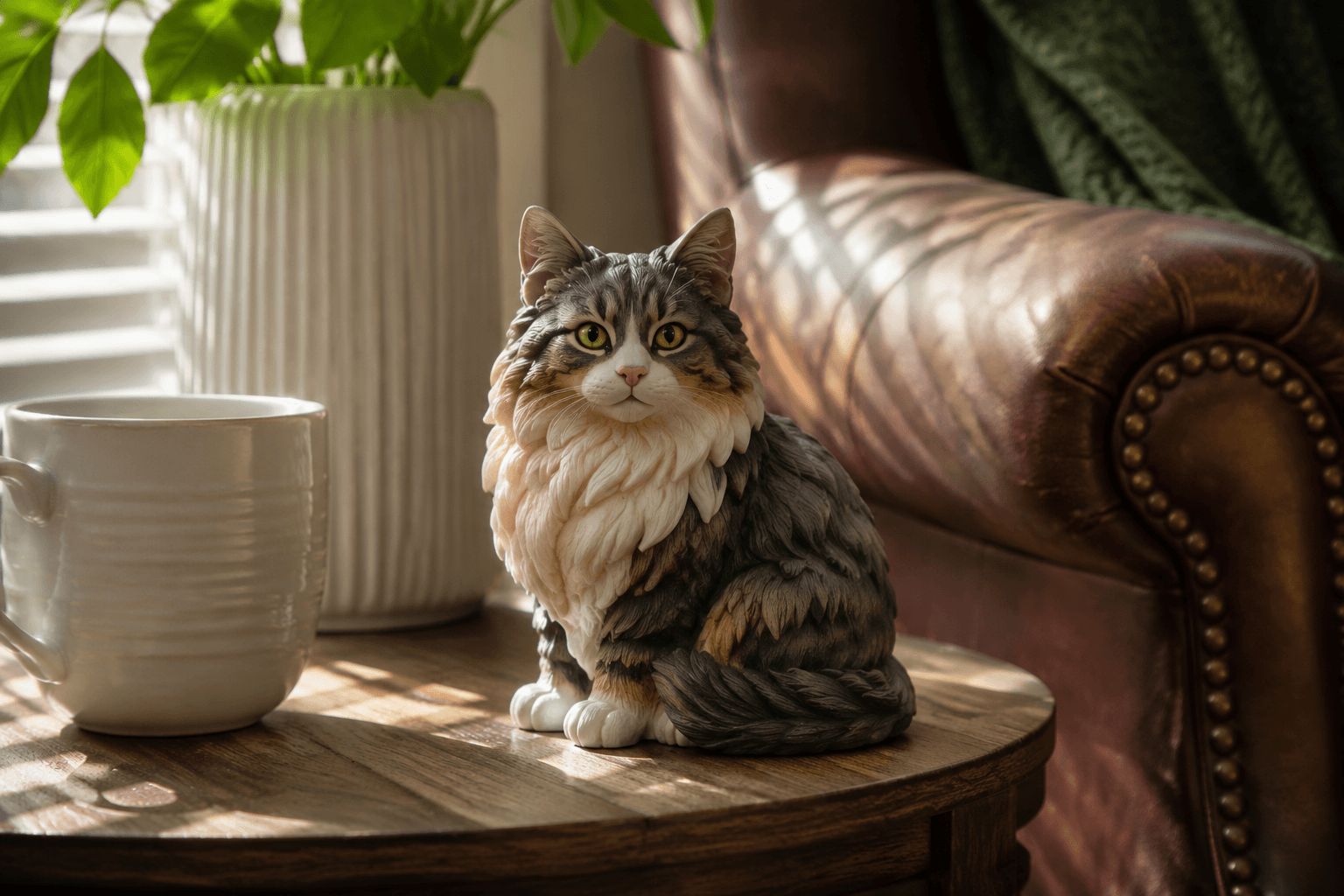 Norwegian Forest Cat figurine sitting with a thick coat and tufted ears