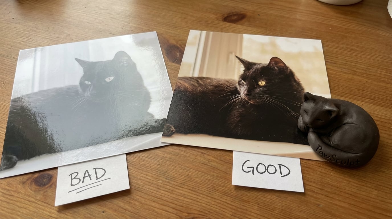 Bad flash photo vs good natural light photo of a black cat