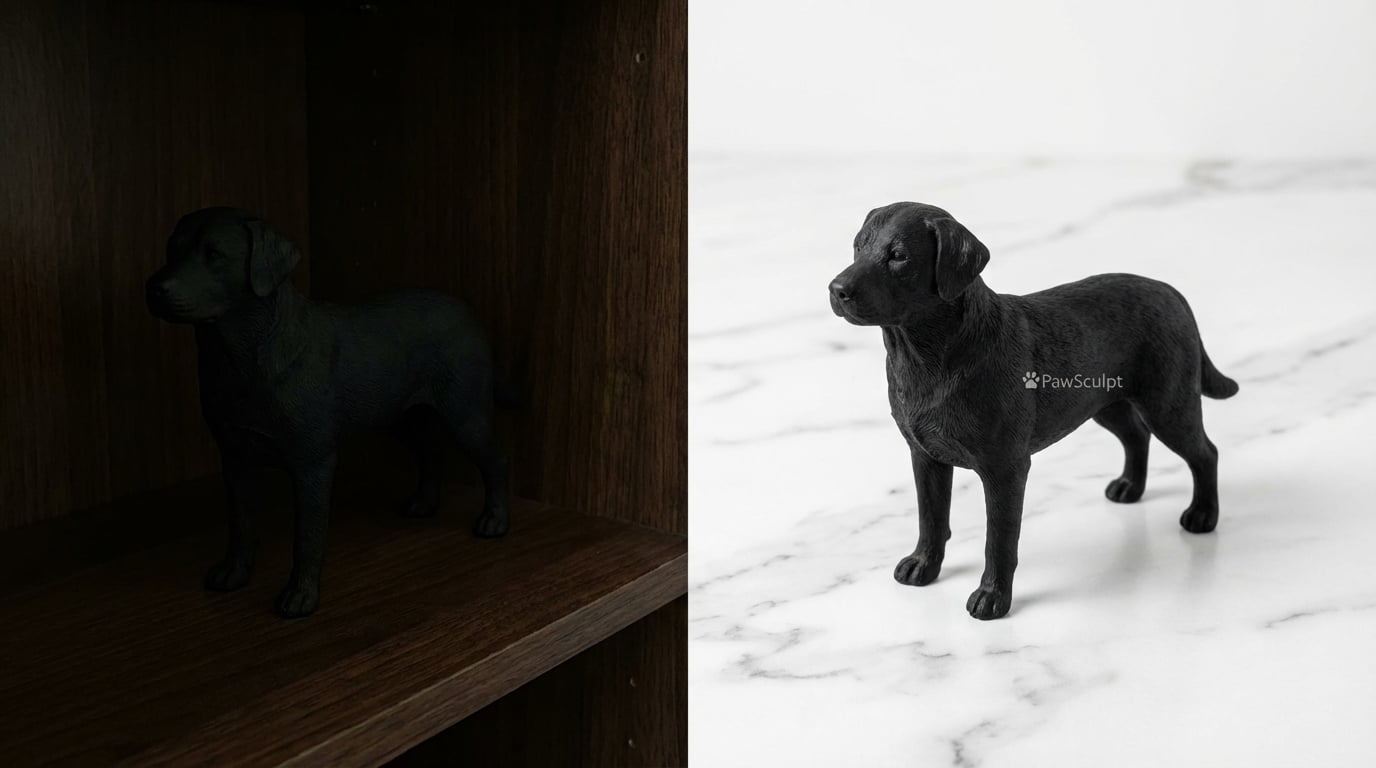 Black Lab figurine displayed on dark vs light backgrounds