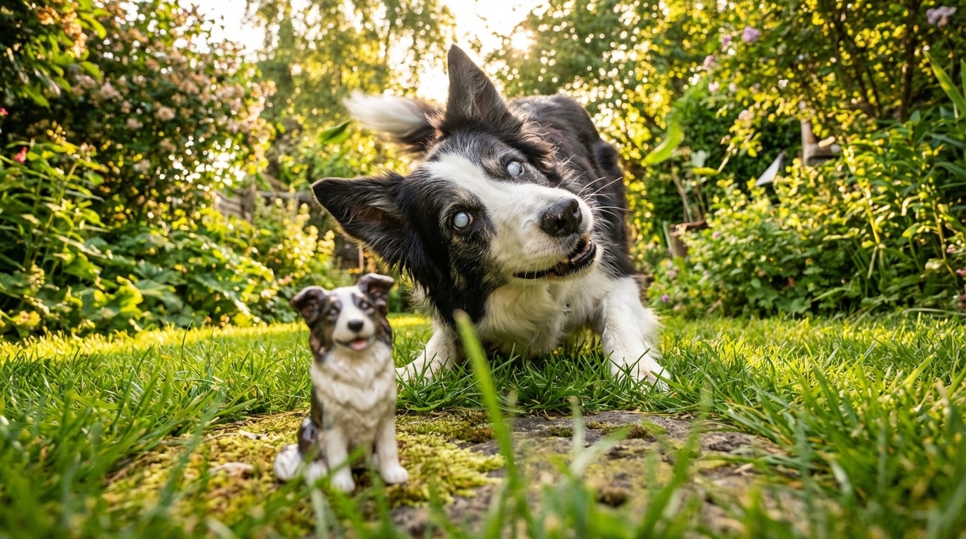 A blind Border Collie playing in grass with a figurine in the foreground.