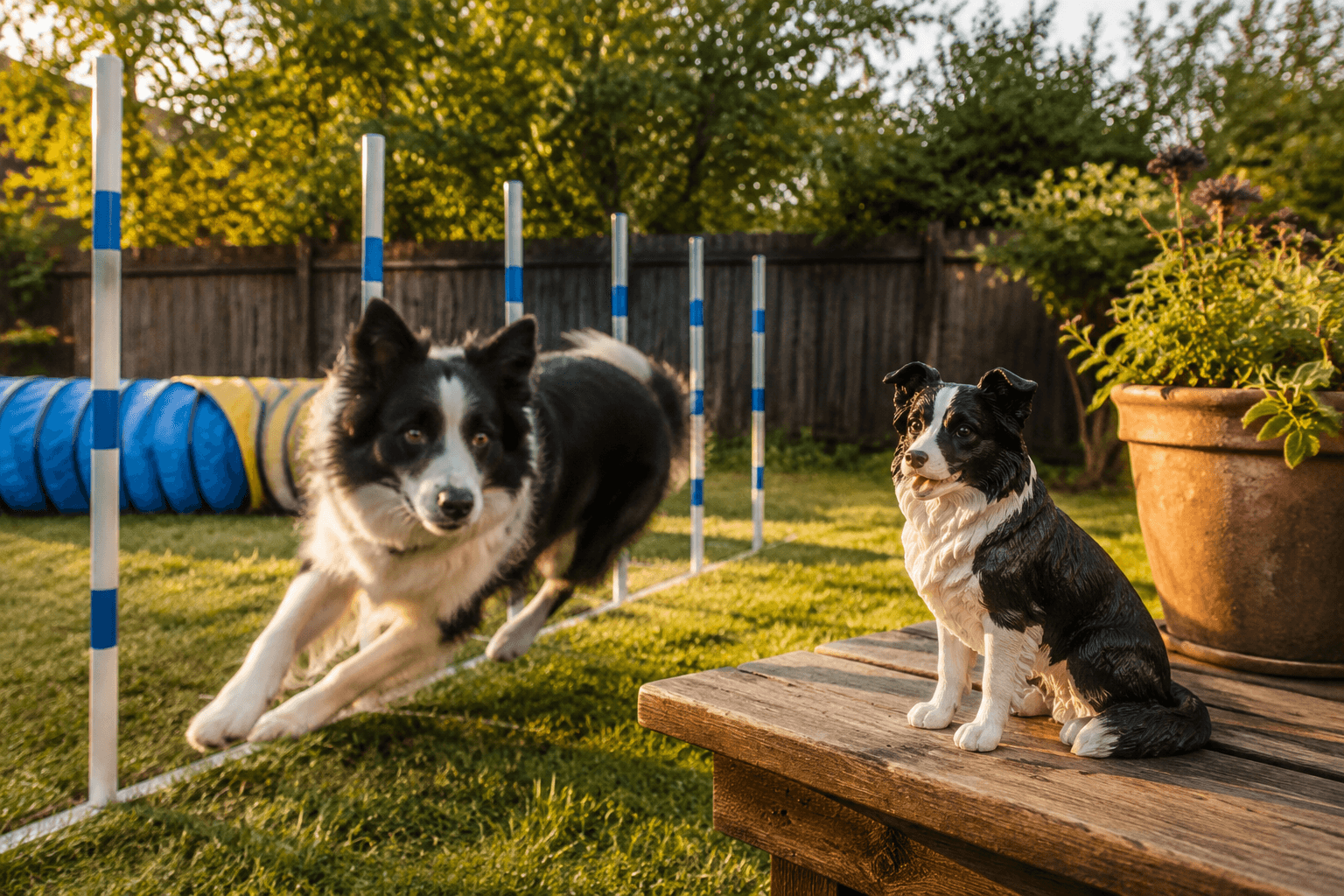 A real Border Collie doing an agility drill in a backyard beside its full-color resin figurine on a bench