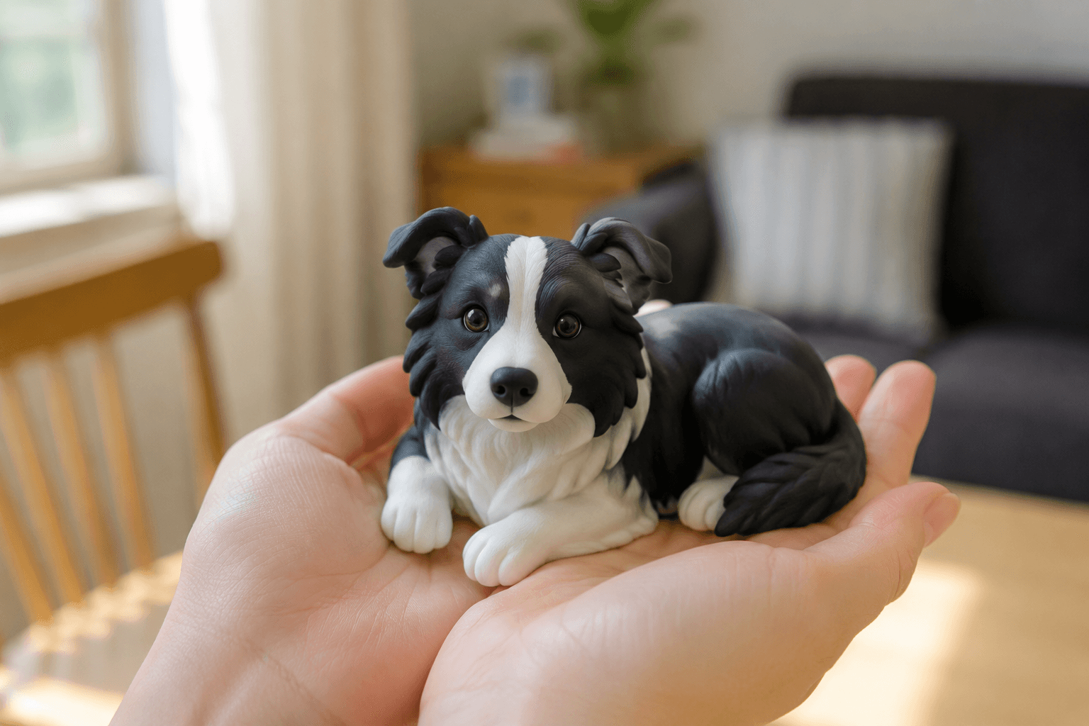 Border Collie figurine lying in a focused crouch with defined markings