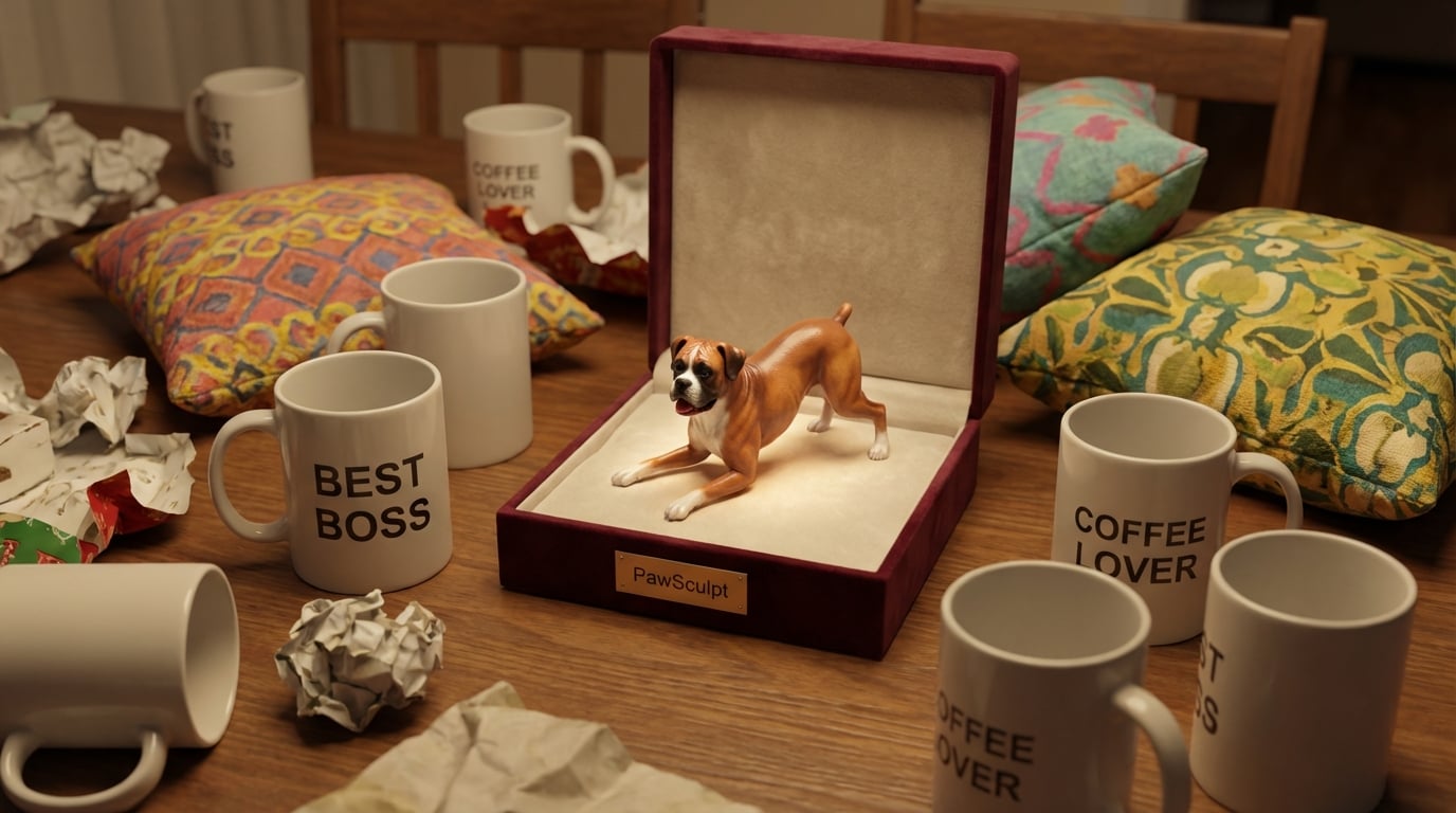 Boxer figurine gift box amidst rejected generic gifts