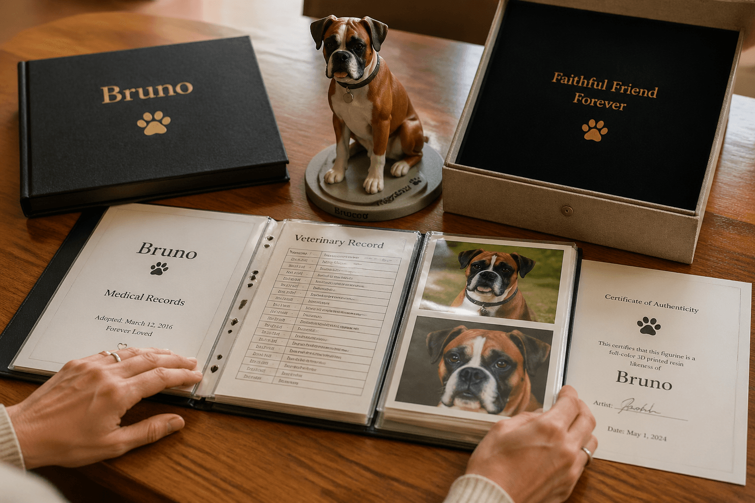 Boxer medical records with figurine showing physical grief ritual