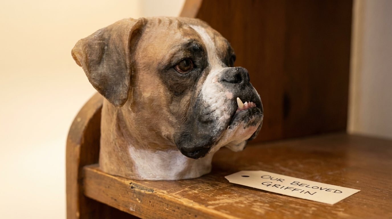 Close up profile of Boxer figurine highlighting underbite