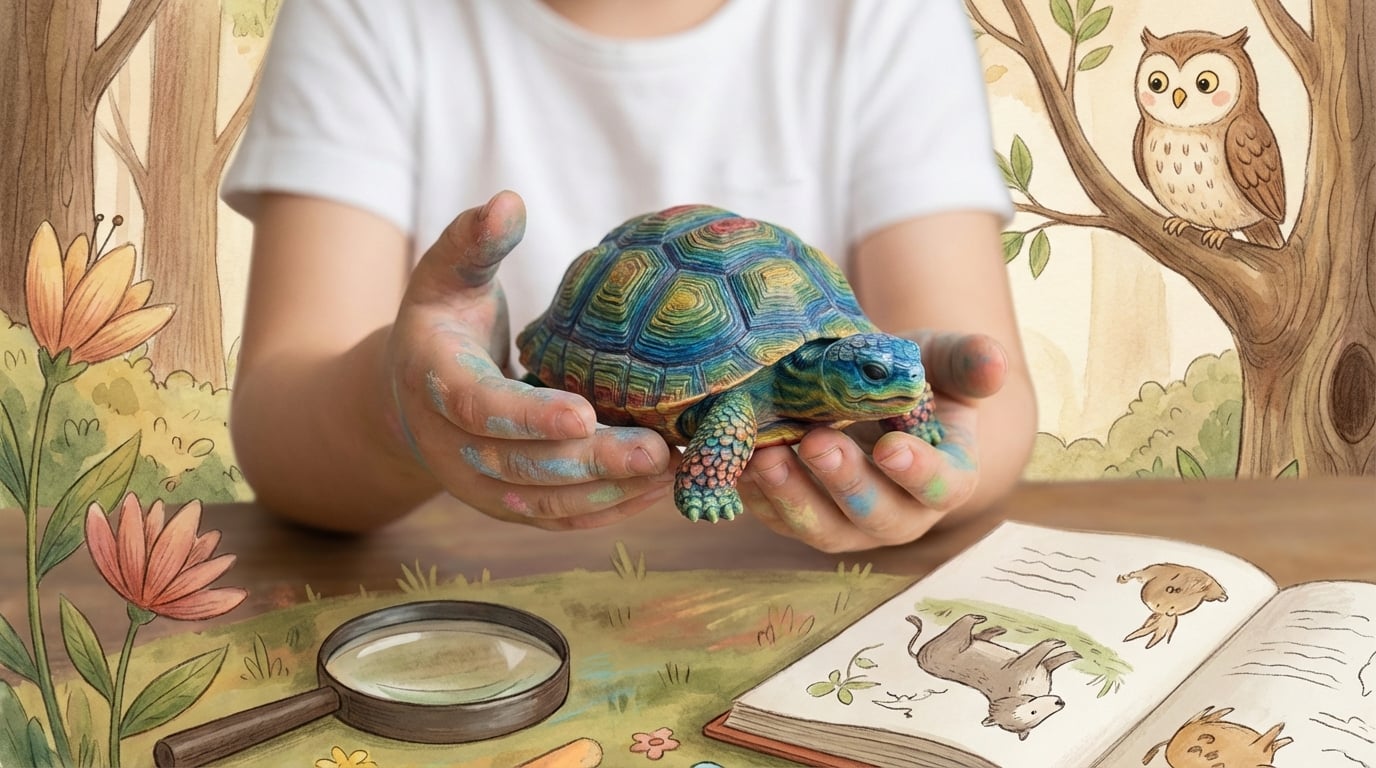 Child's hands holding a turtle figurine against storybook background