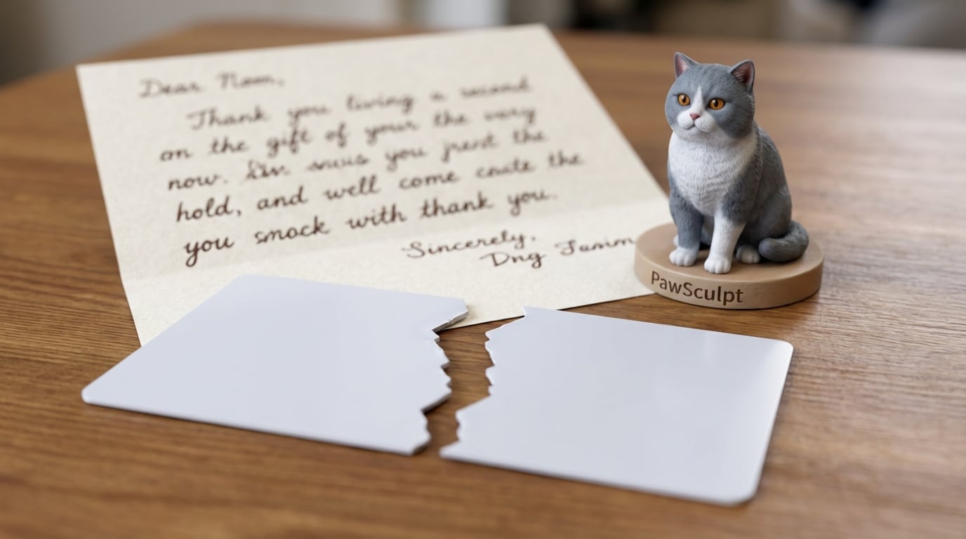 British Shorthair figurine next to a torn gift card