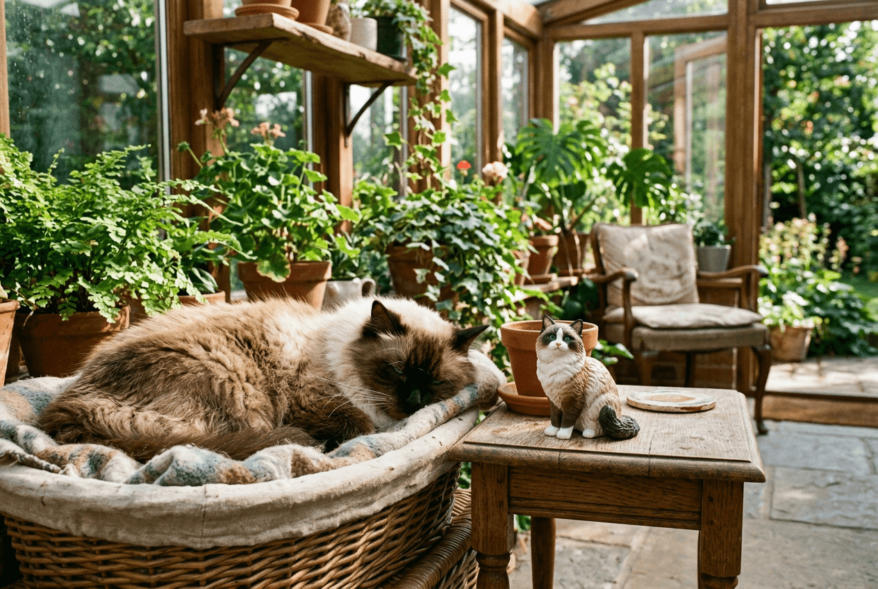 Senior Ragdoll cat in a sunny patio beside a full-color 3D printed resin figurine of their younger self