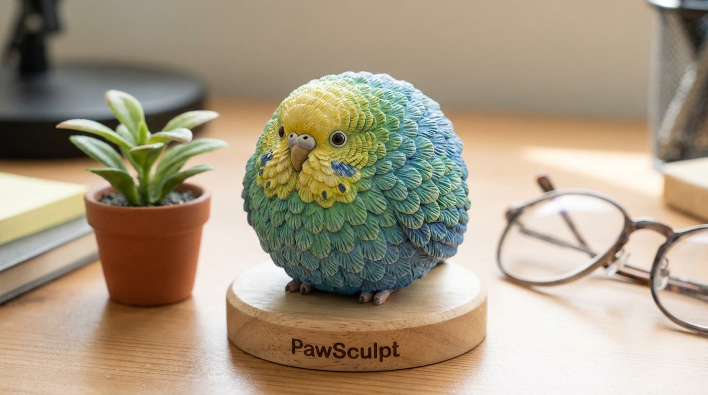Fluffed up Budgie figurine showing feather detail