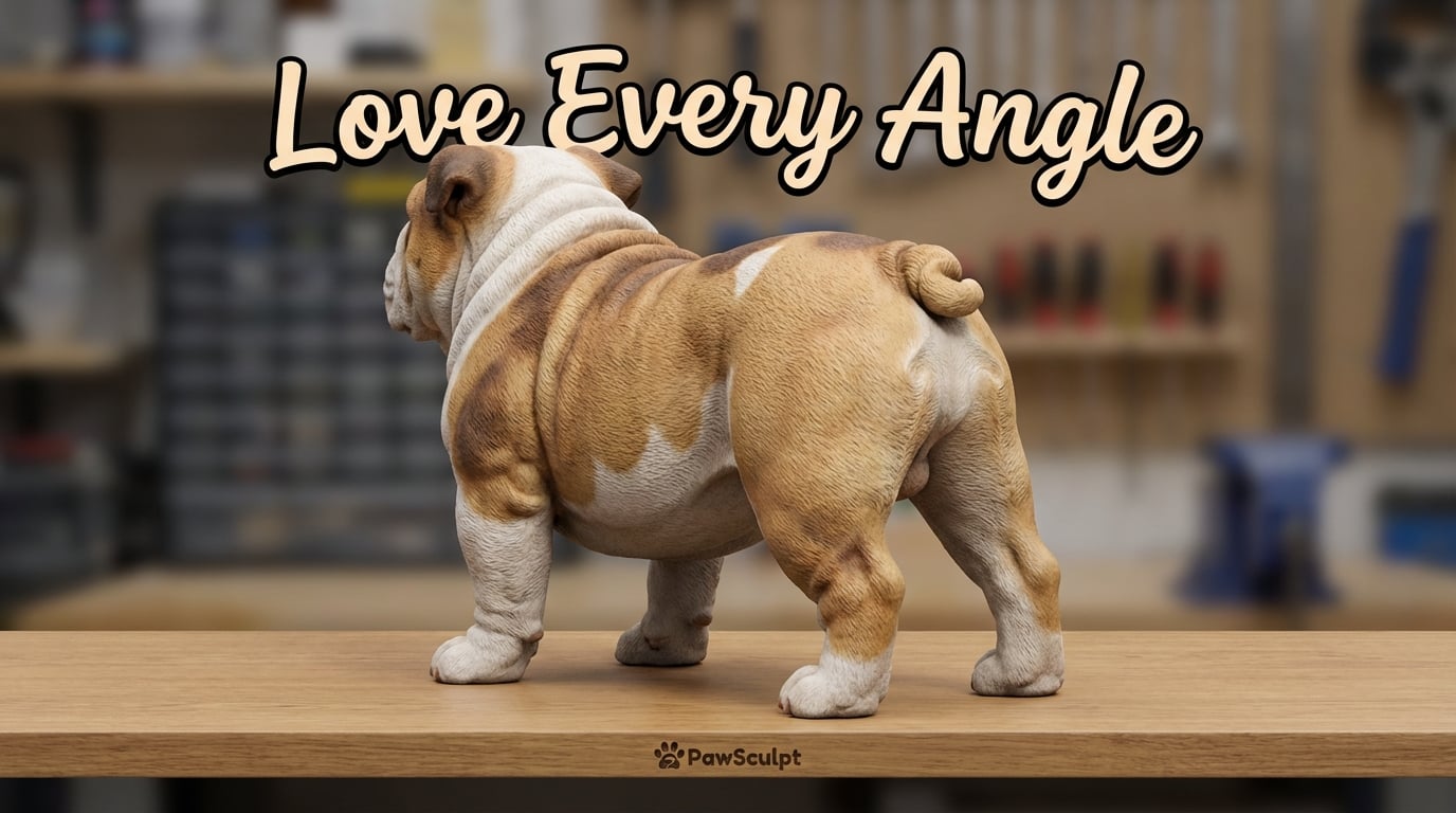 Rear view of a Bulldog figurine highlighting details
