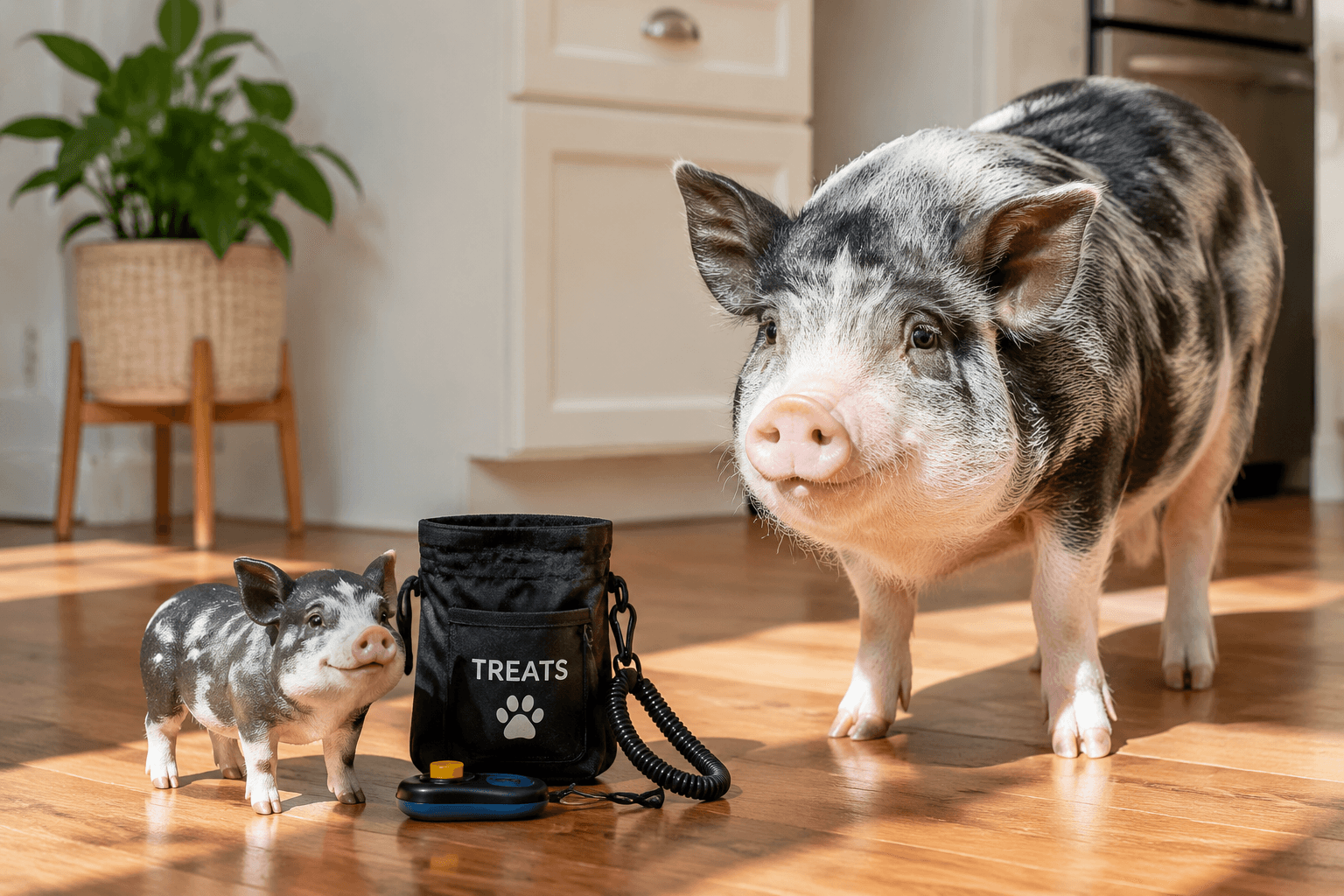 A resin Mini Pig figurine beside a clicker and treat pouch on a sunny kitchen floor in bright cheerful light