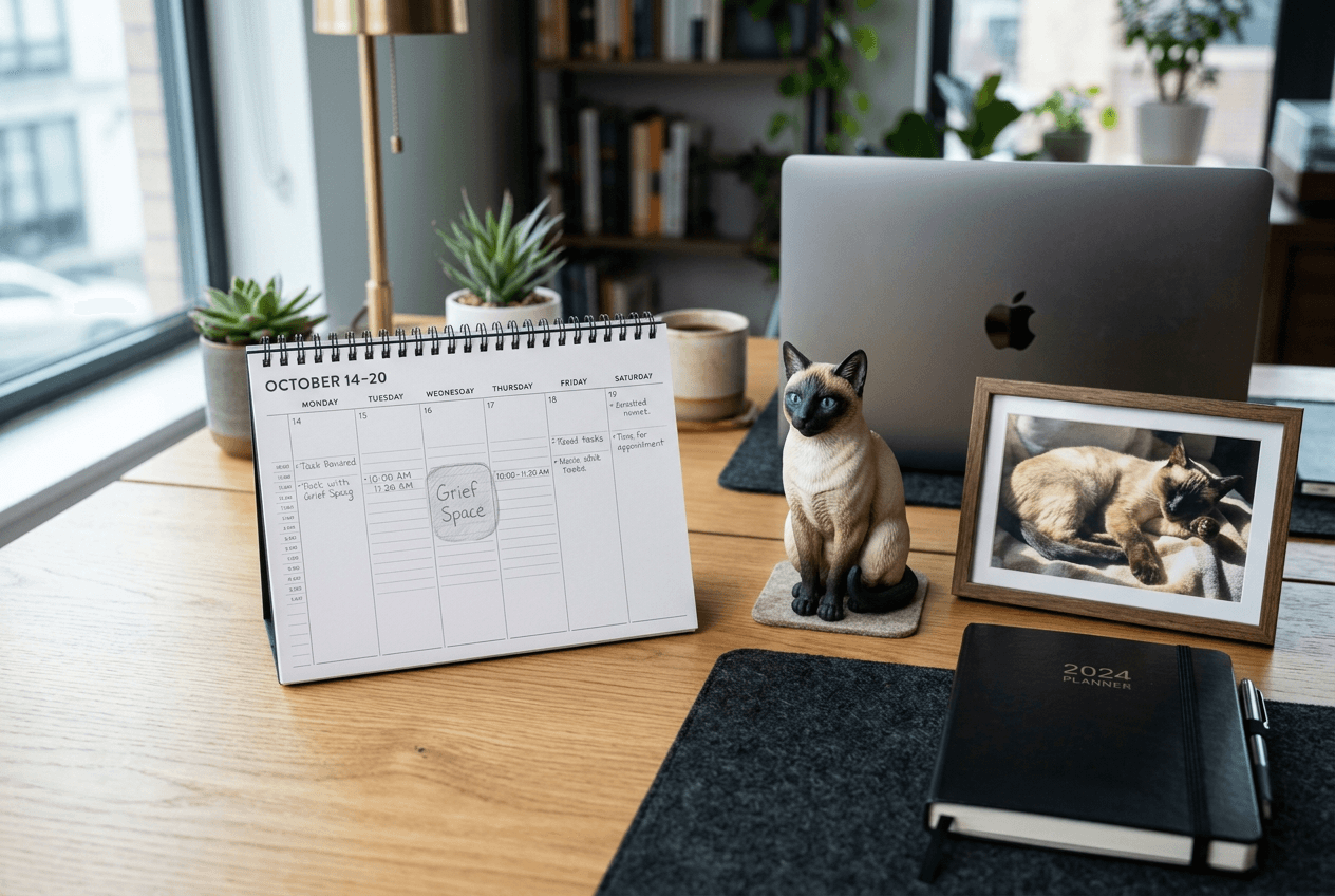 Siamese cat 3D figurine on organized desk with calendar showing grief management schedule and real cat photo