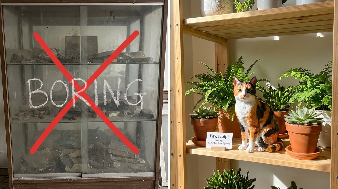 Calico cat figurine displayed among plants vs in a cabinet