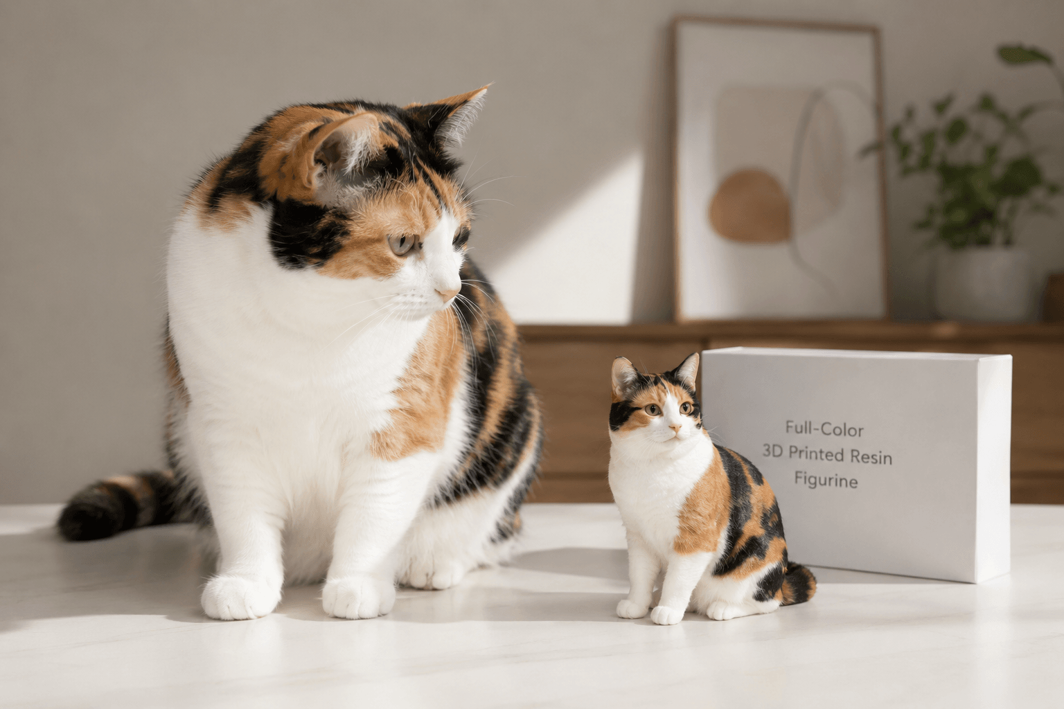 Calico cat beside its full-color resin figurine on a bright minimalist table in soft daylight