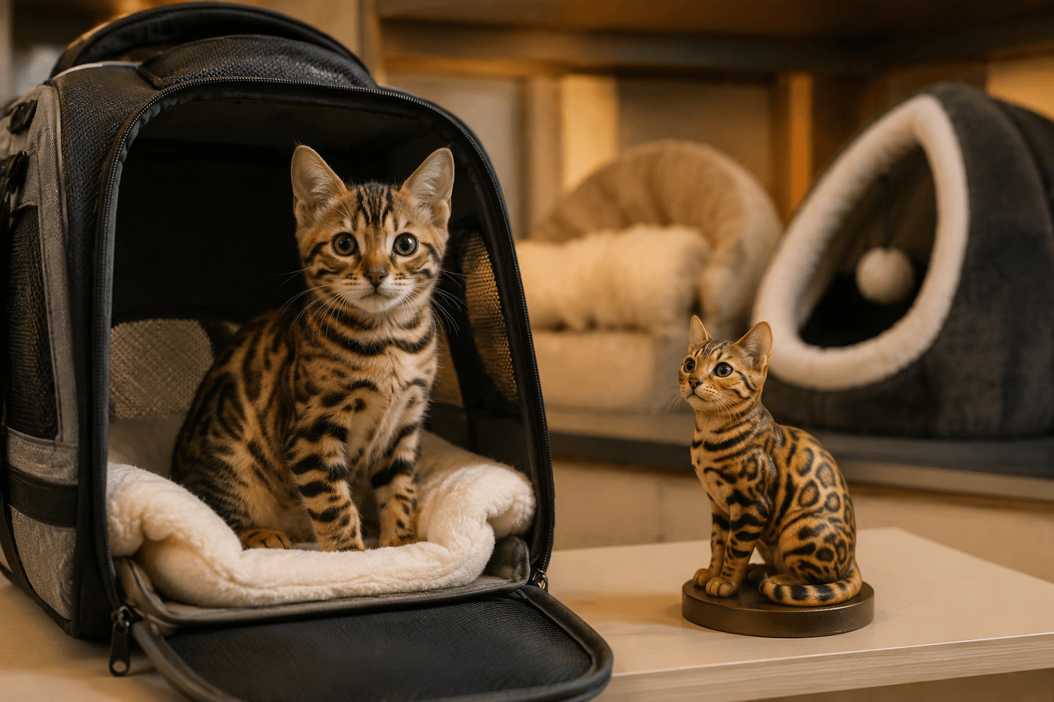 A calm spotted Bengal kitten in an open carrier beside its full-color resin figurine in a cozy multi-pet home