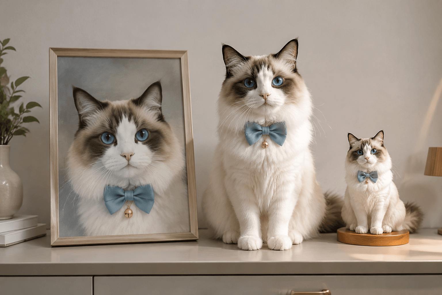 Ragdoll cat seated between a framed canvas portrait and its full-color resin figurine on a console