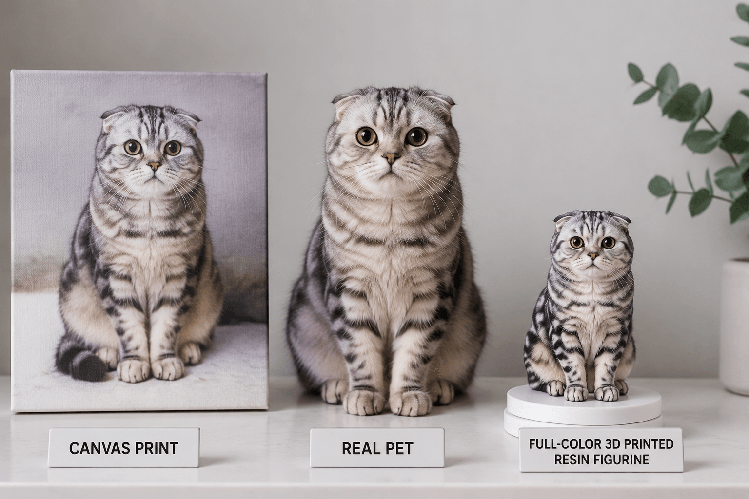 A Scottish Fold canvas print beside a Scottish Fold resin figurine with the real cat sitting between them
