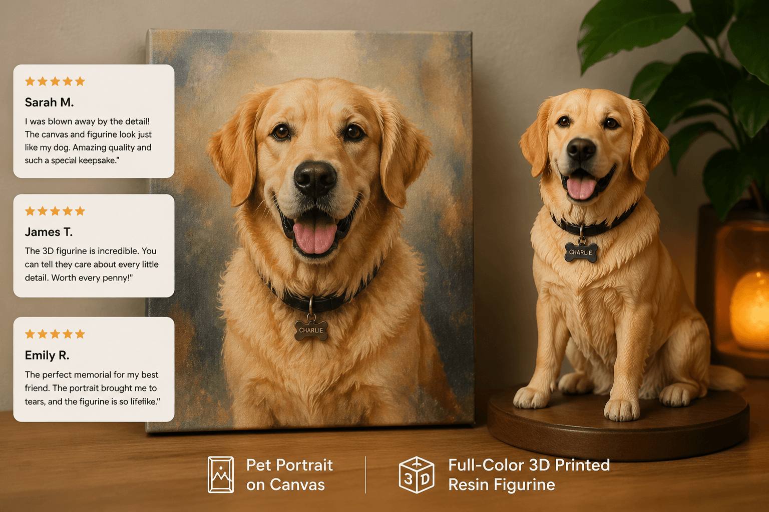 Pet canvas portrait and 3D figurine with customer review testimonials