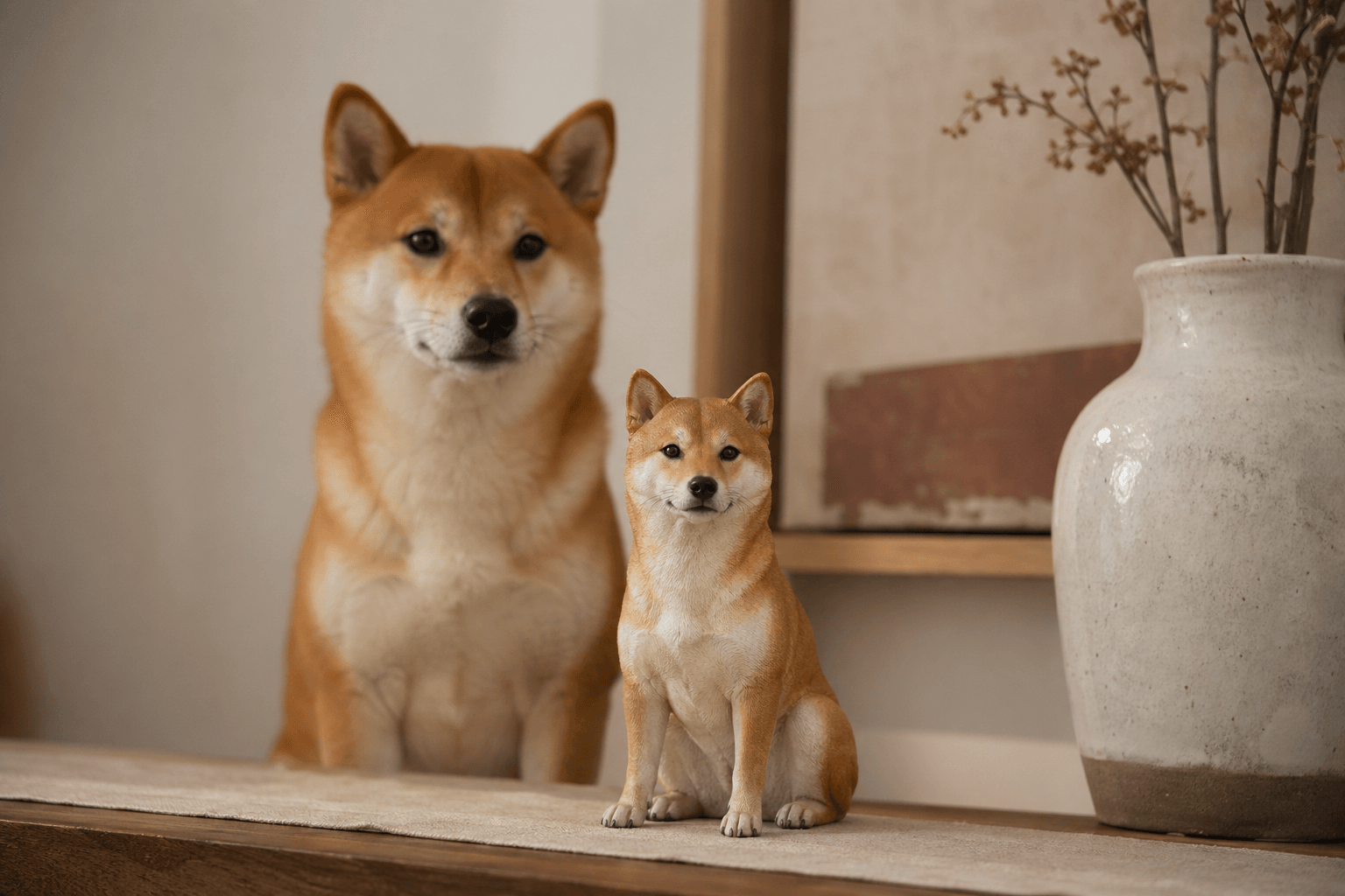 Shiba Inu with a detailed resin figurine in front of a softly blurred canvas artwork