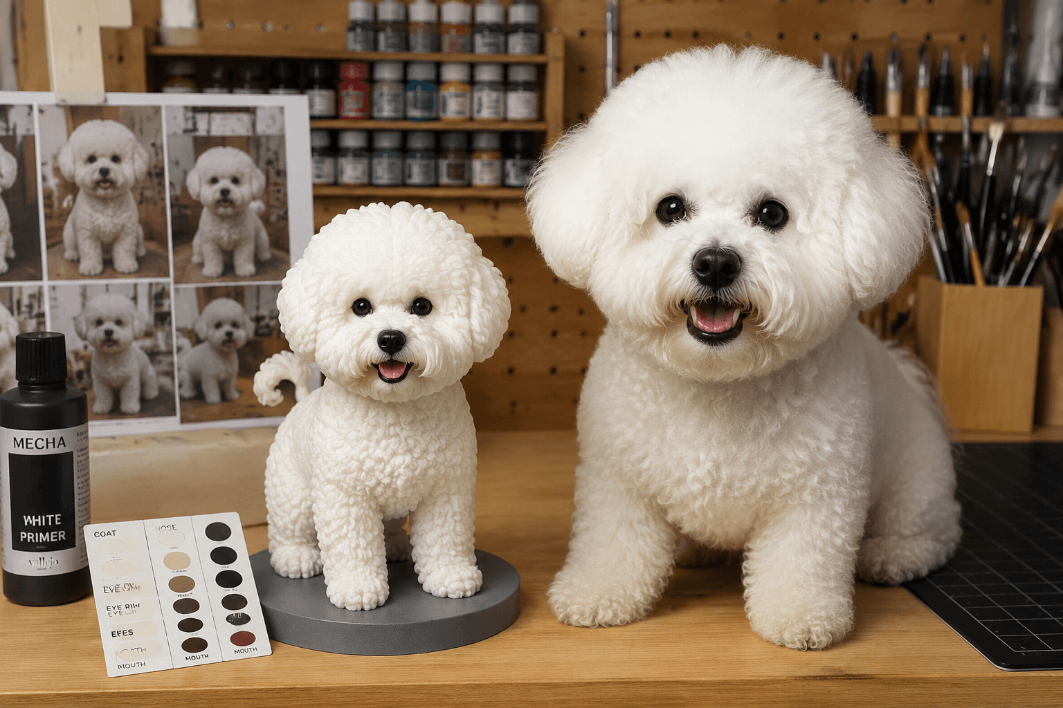 A curly off-white Bichon Frise beside its full-color resin figurine and color swatches on an artist bench
