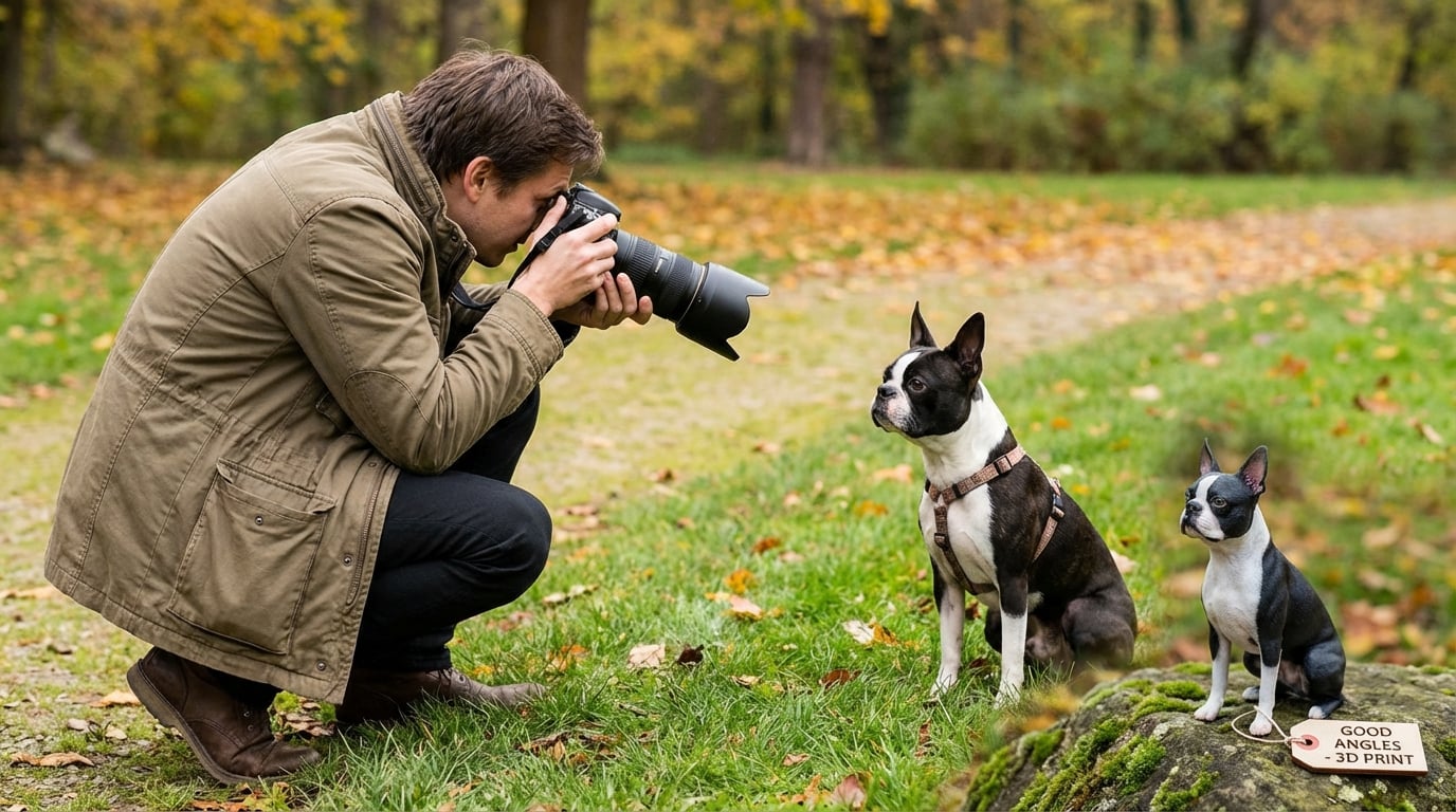 Photographer taking photo of Boston Terrier.