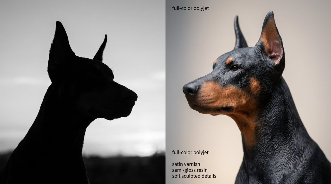Side-by-side comparison of a real Doberman silhouette and its 3D printed resin replica.