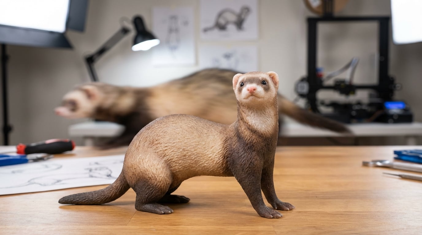 Sharp 3D printed ferret figurine in foreground with blurry moving ferret in background.