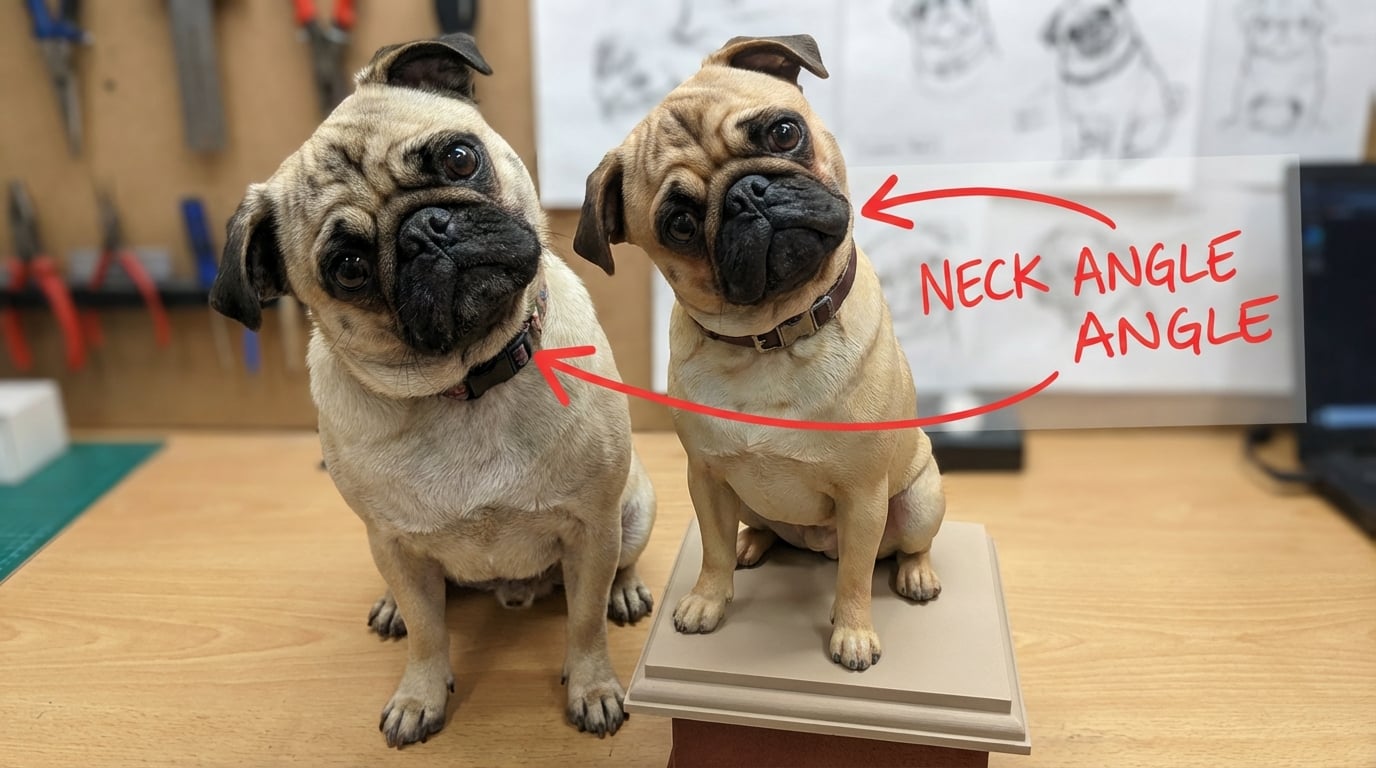 Pug head tilt photo next to matching figurine