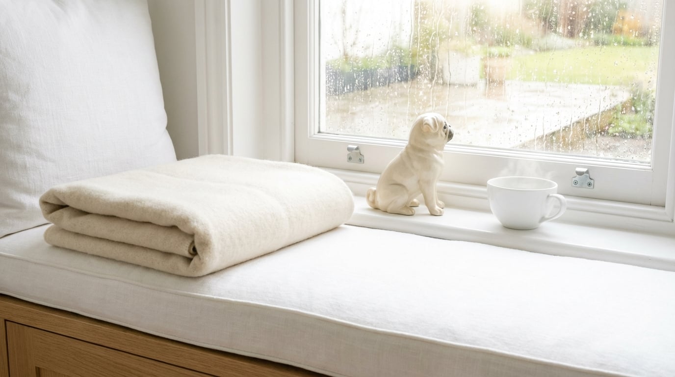 A Pug figurine on a sunny windowsill next to a cup of tea.