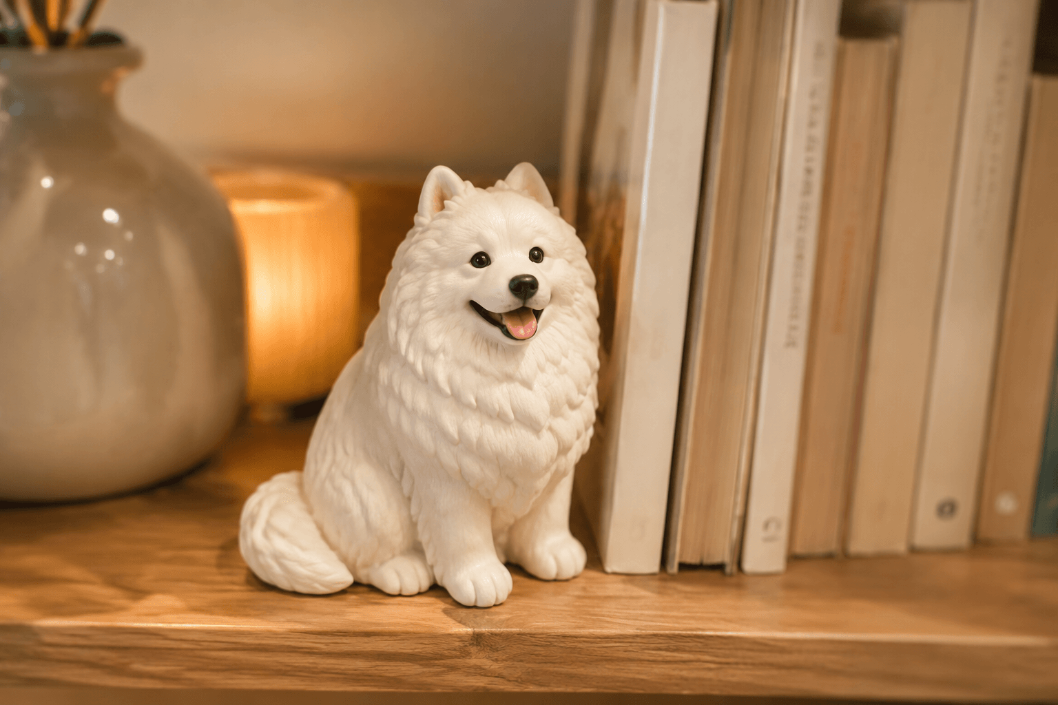 Samoyed figurine sitting with a fluffy white coat and smiling expression