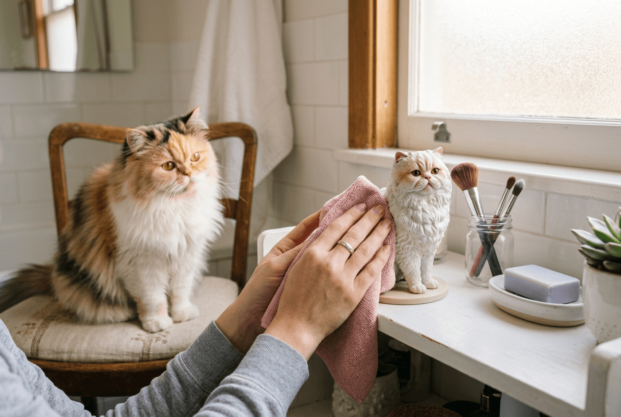 Hands gently cleaning a full-color 3D printed resin Persian cat figurine with a microfiber cloth