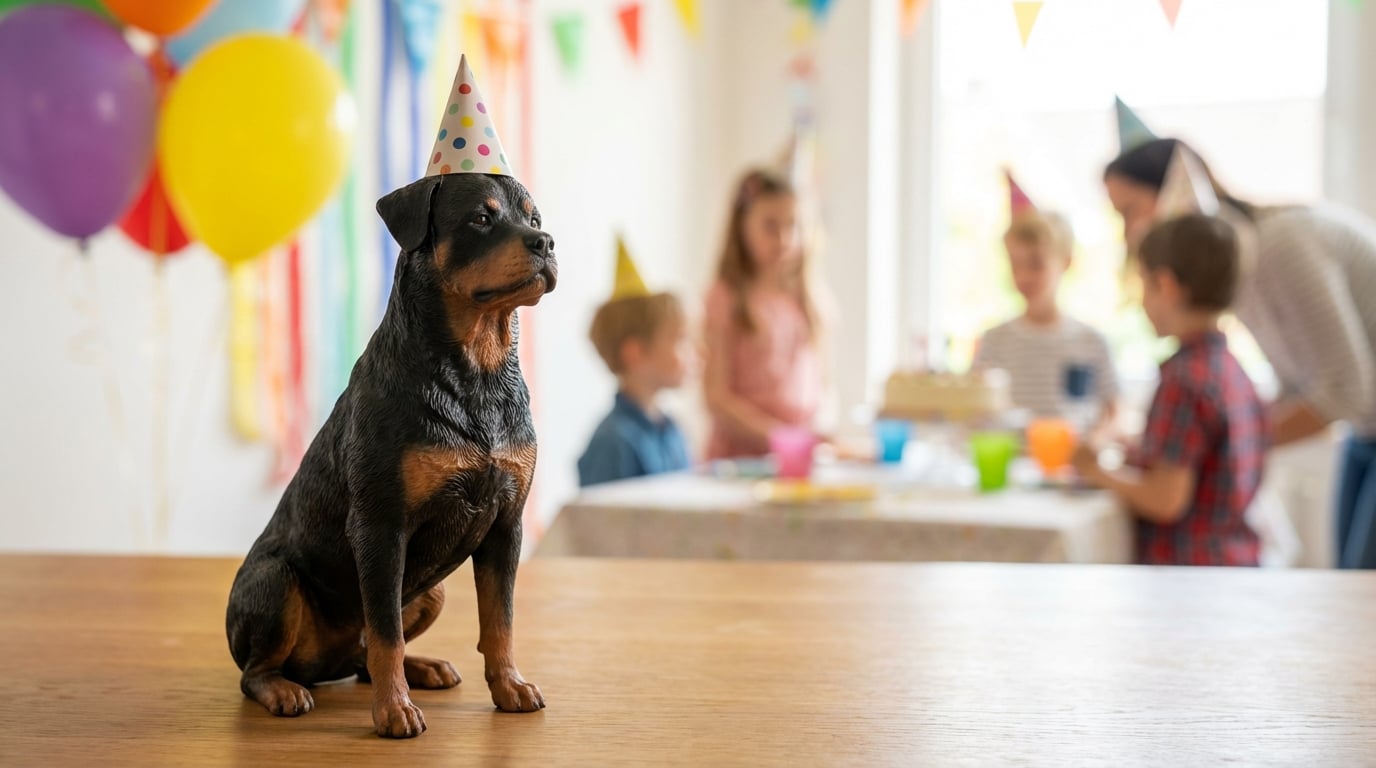 A Rottweiler figurine wearing a tiny paper party hat at a child's birthday.