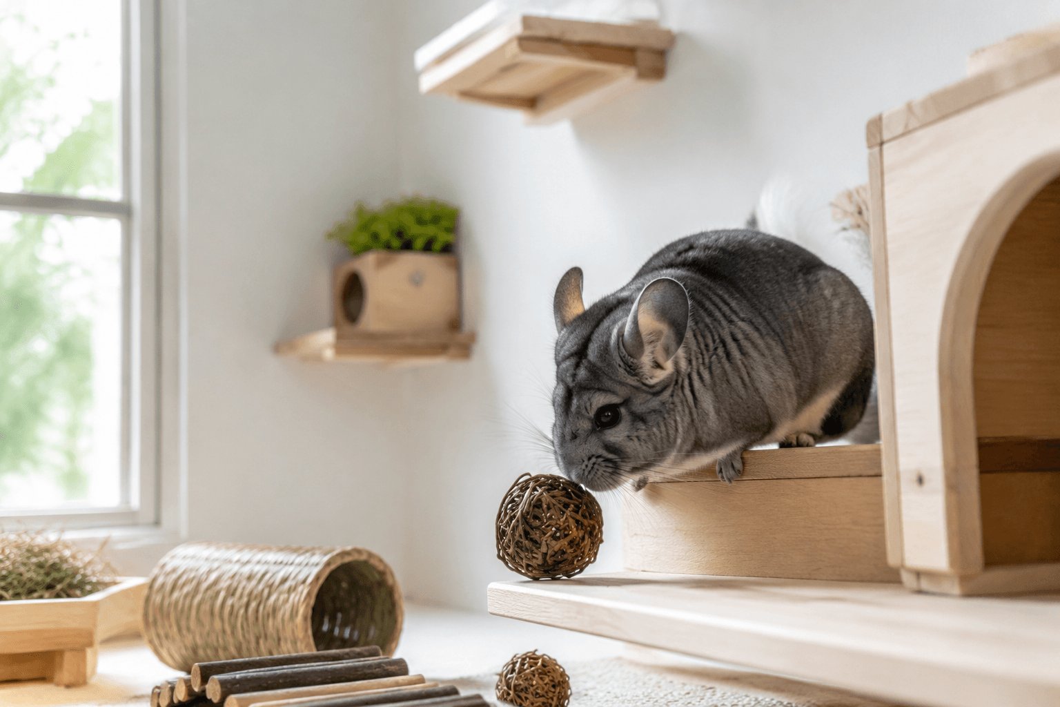 Chinchilla exploring a tidy minimalist enrichment setup with wooden ledges in soft daylight