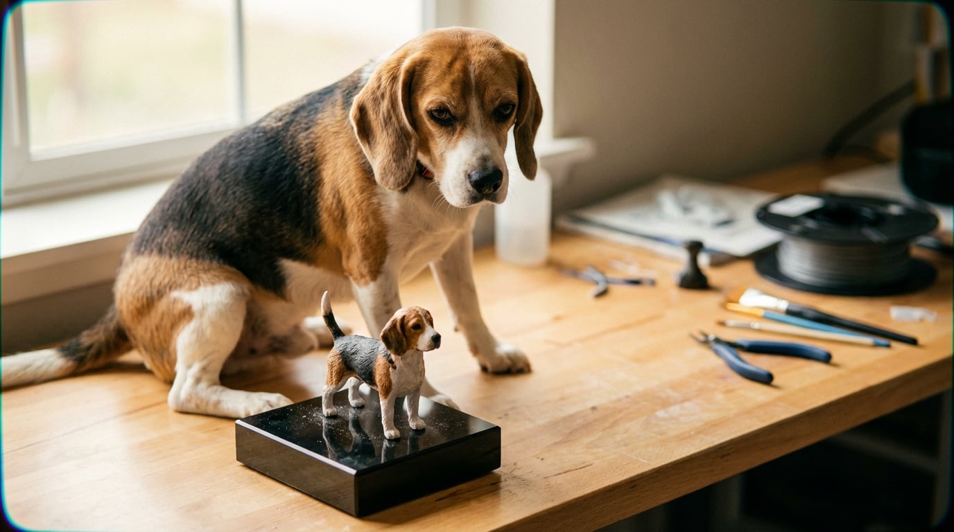 A senior Beagle resting comfortably next to two figurines in different poses, showing options.
