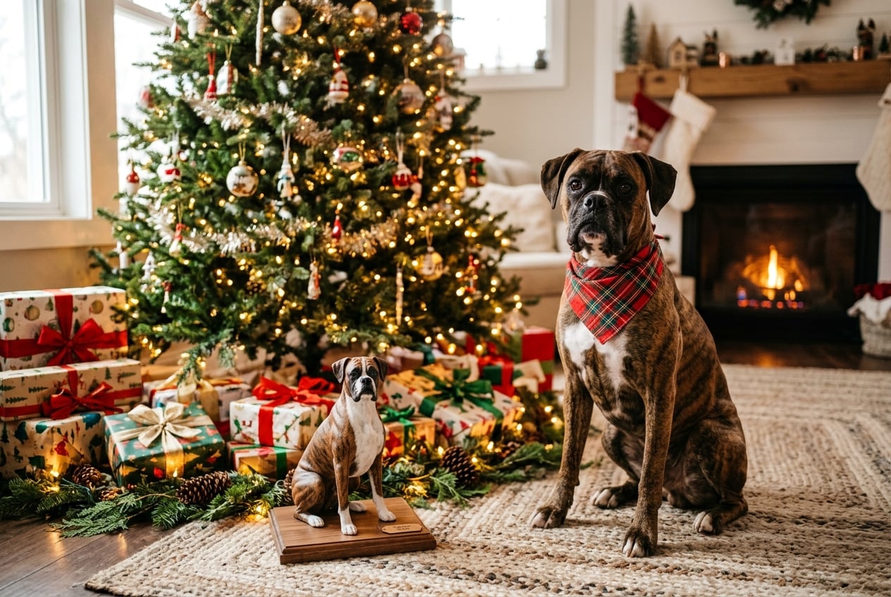Full-color 3D printed resin figurine of a Boxer Dog under a Christmas tree with a real Boxer in festive bandana nearby