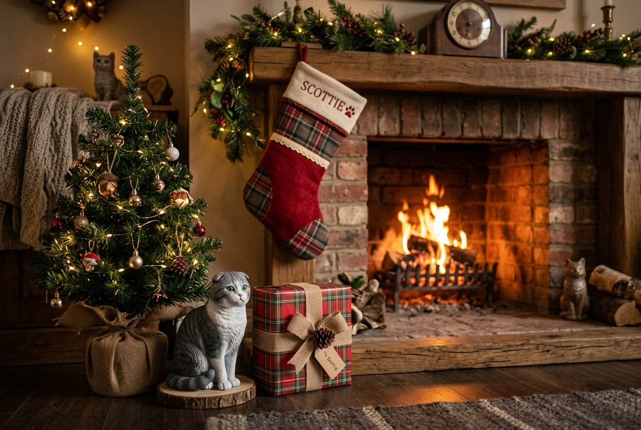 Full-color 3D printed resin figurine of a Scottish Fold Cat under a Christmas tree with an honored empty stocking on the mantle