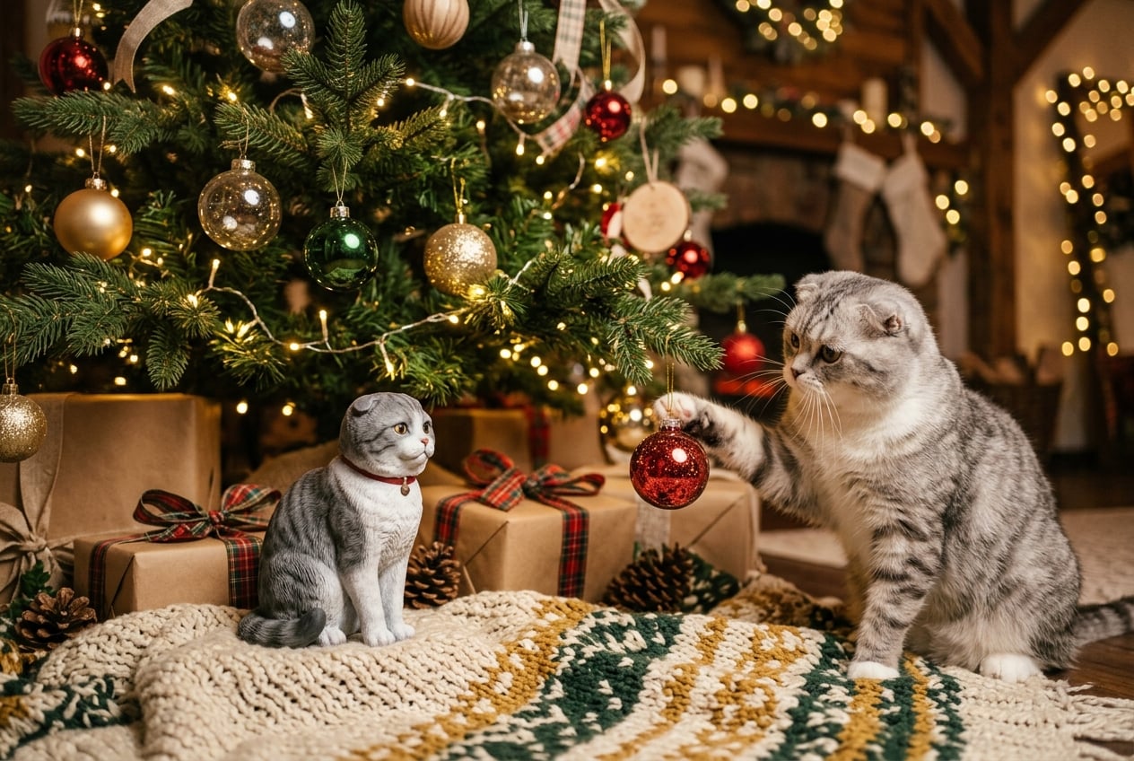 Full-color 3D printed resin Scottish Fold figurine under a Christmas tree with a real Scottish Fold playing with an ornament