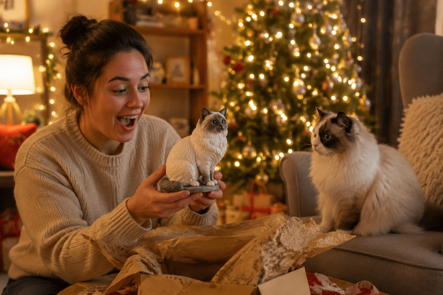 A pet sitter unwrapping a Ragdoll cat resin figurine at Christmas while a real Ragdoll watches nearby