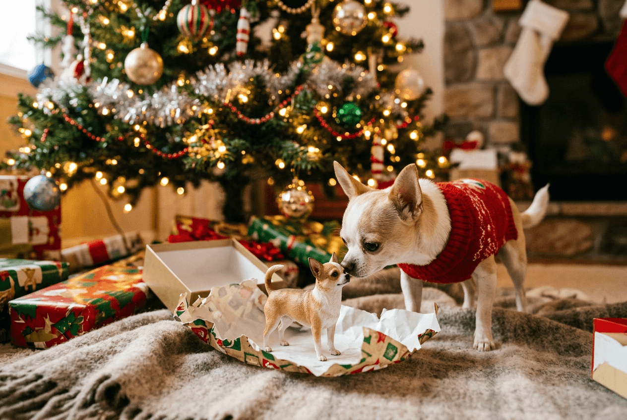 Full-color 3D printed resin Chihuahua figurine being unwrapped under a Christmas tree with a real Chihuahua nearby