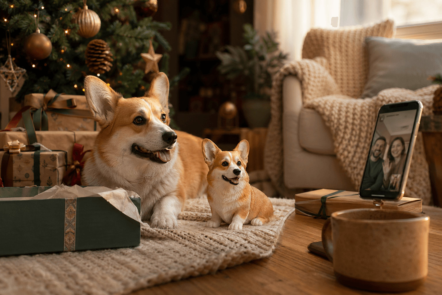 A real Corgi beside a full-color 3D printed resin Corgi figurine in a warm Christmas gift scene