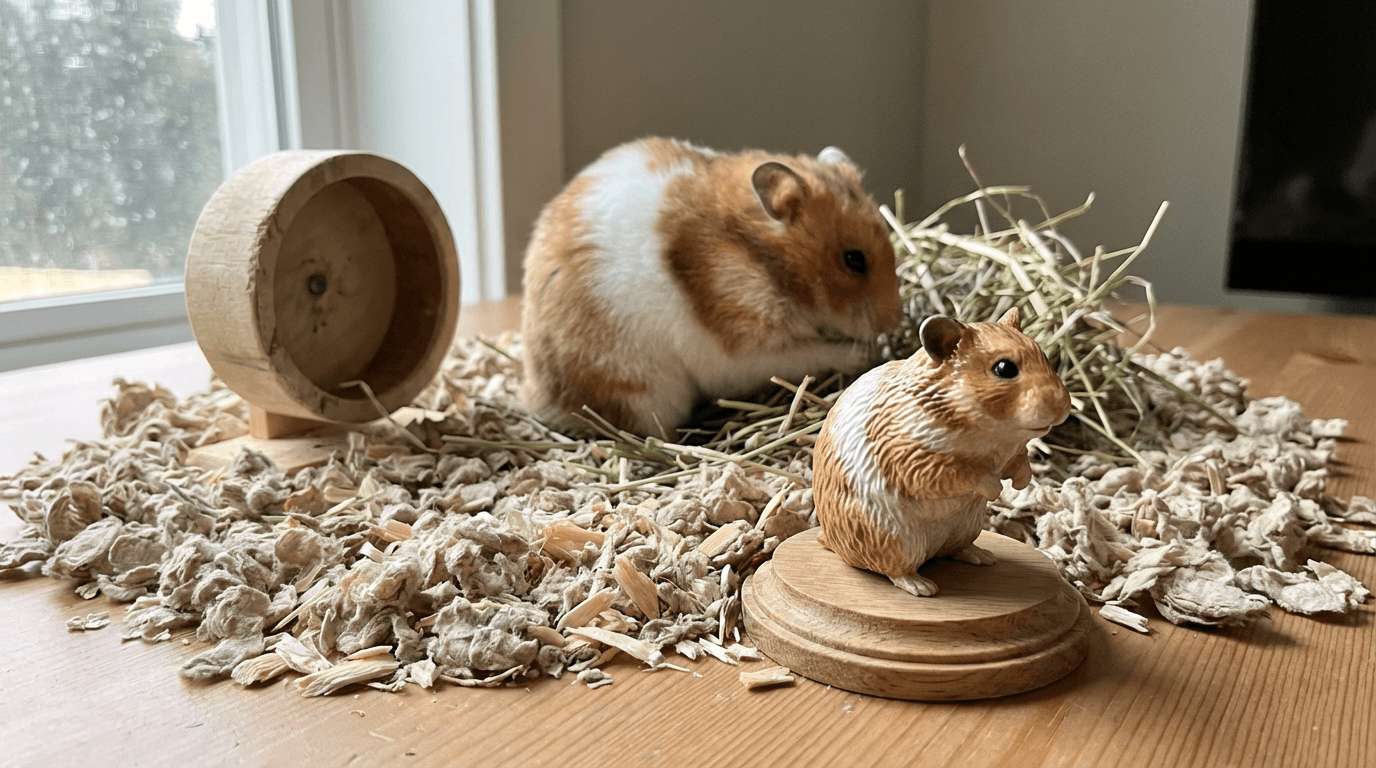 A Syrian Hamster pausing near its wheel with a tiny custom figurine of itself in the foreground.