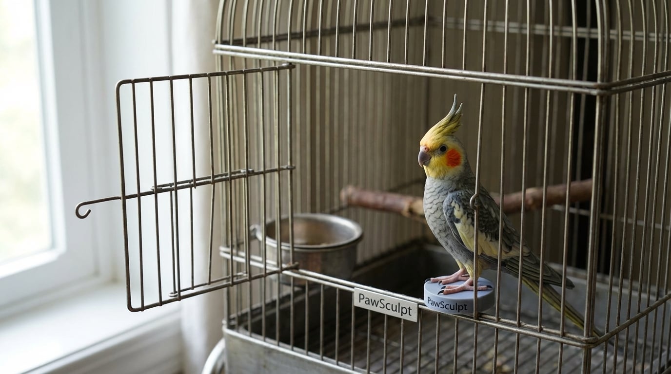 Cockatiel figurine perched on an open birdcage