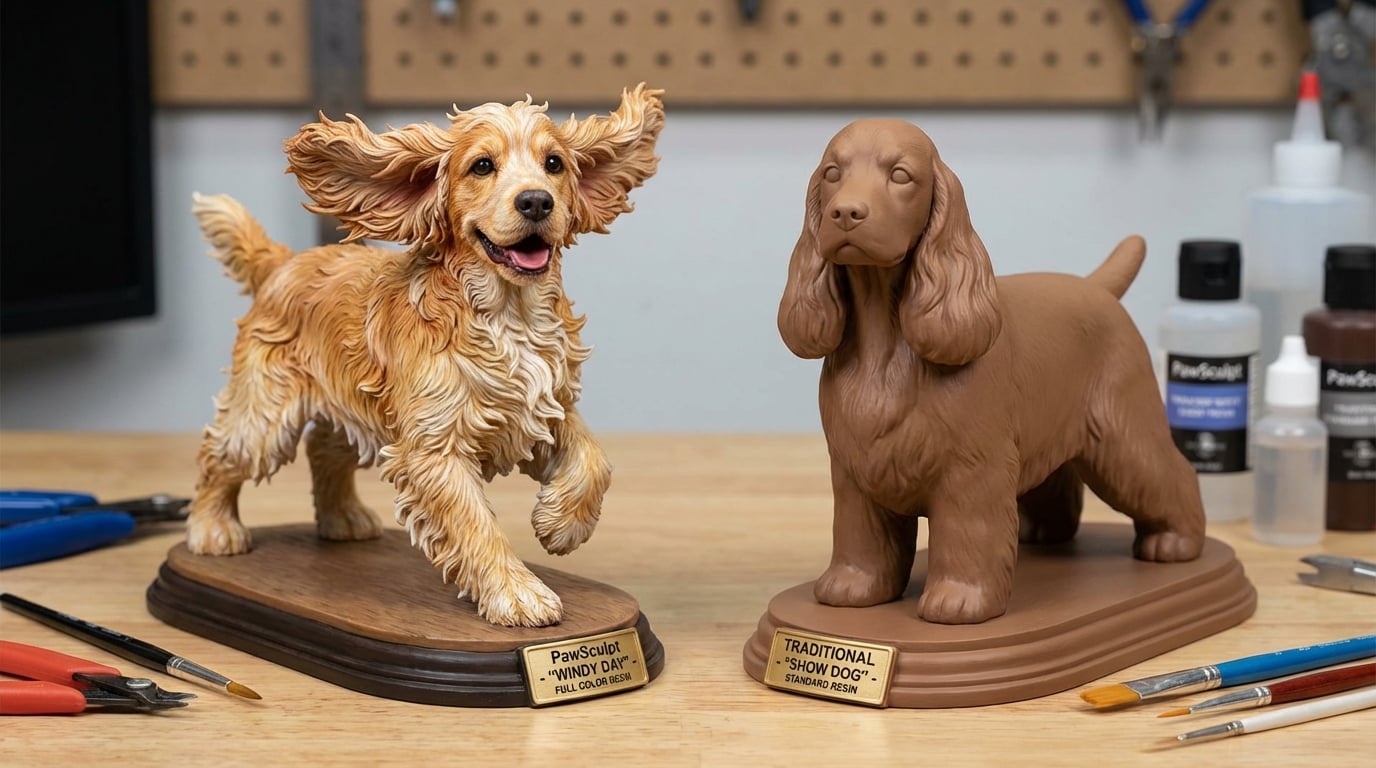 Windblown Cocker Spaniel figurine vs stiff groomed one