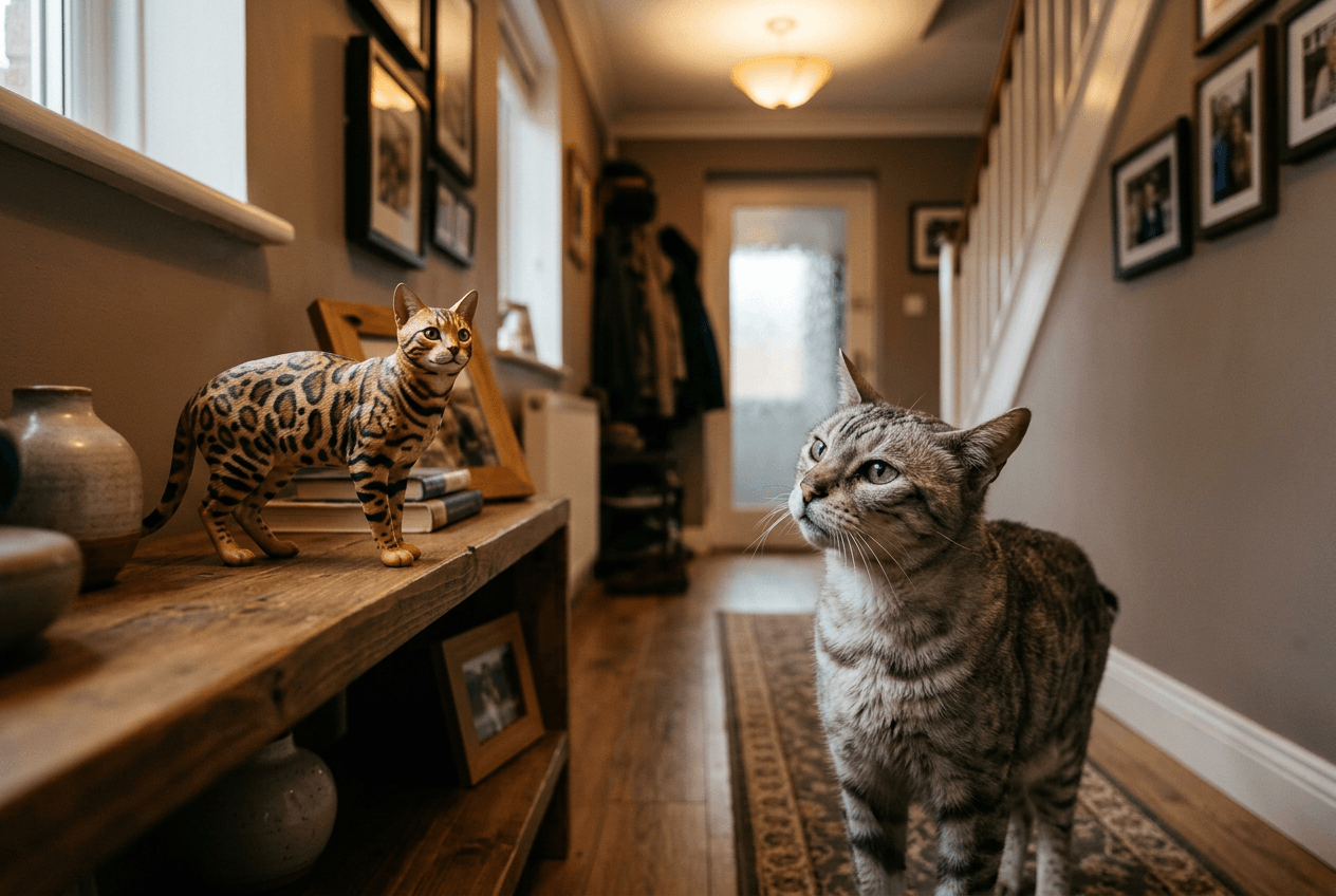 Senior Bengal cat in a hallway beside a full-color 3D printed resin figurine of a younger Bengal on a shelf