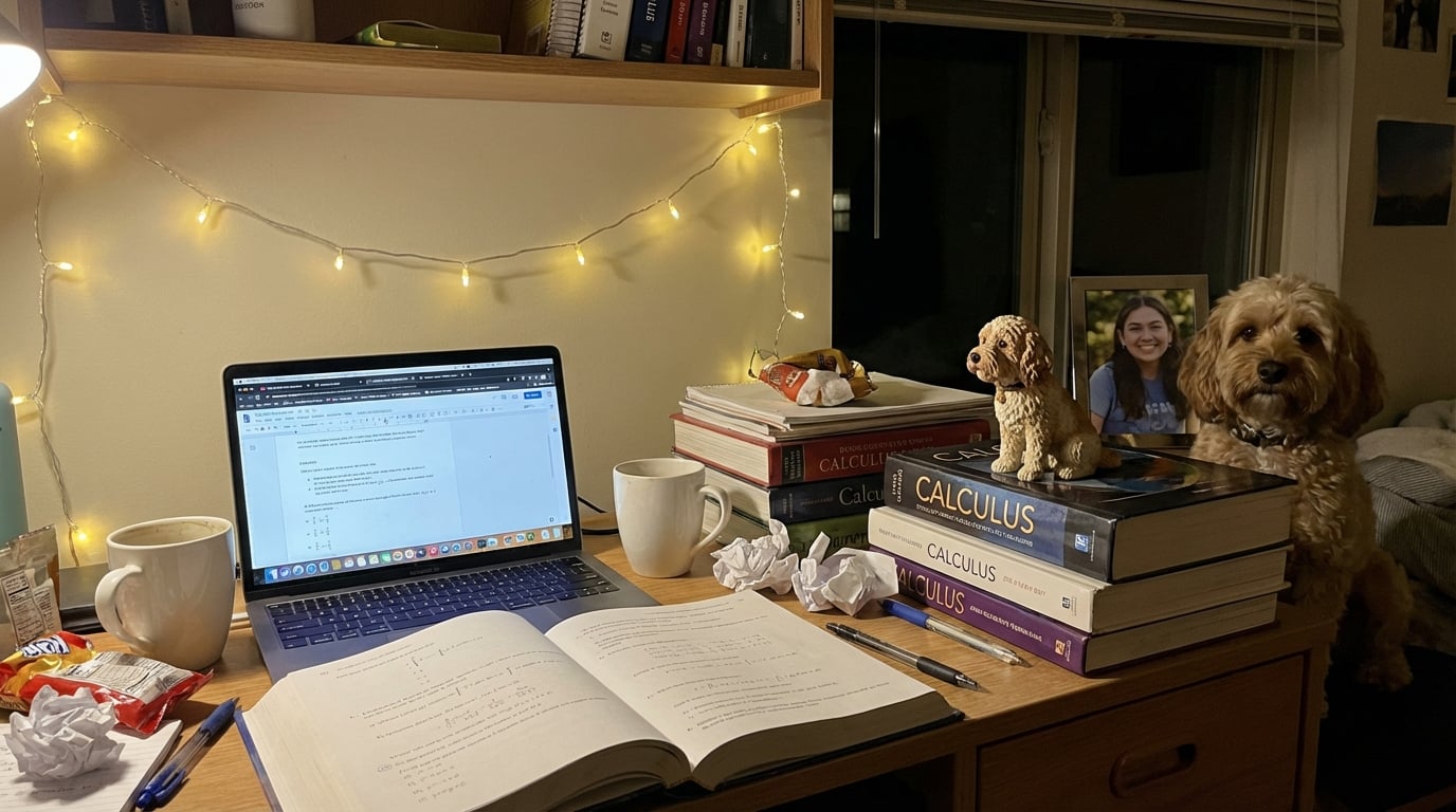 A Cockapoo figurine sitting on textbooks on a dorm room desk.