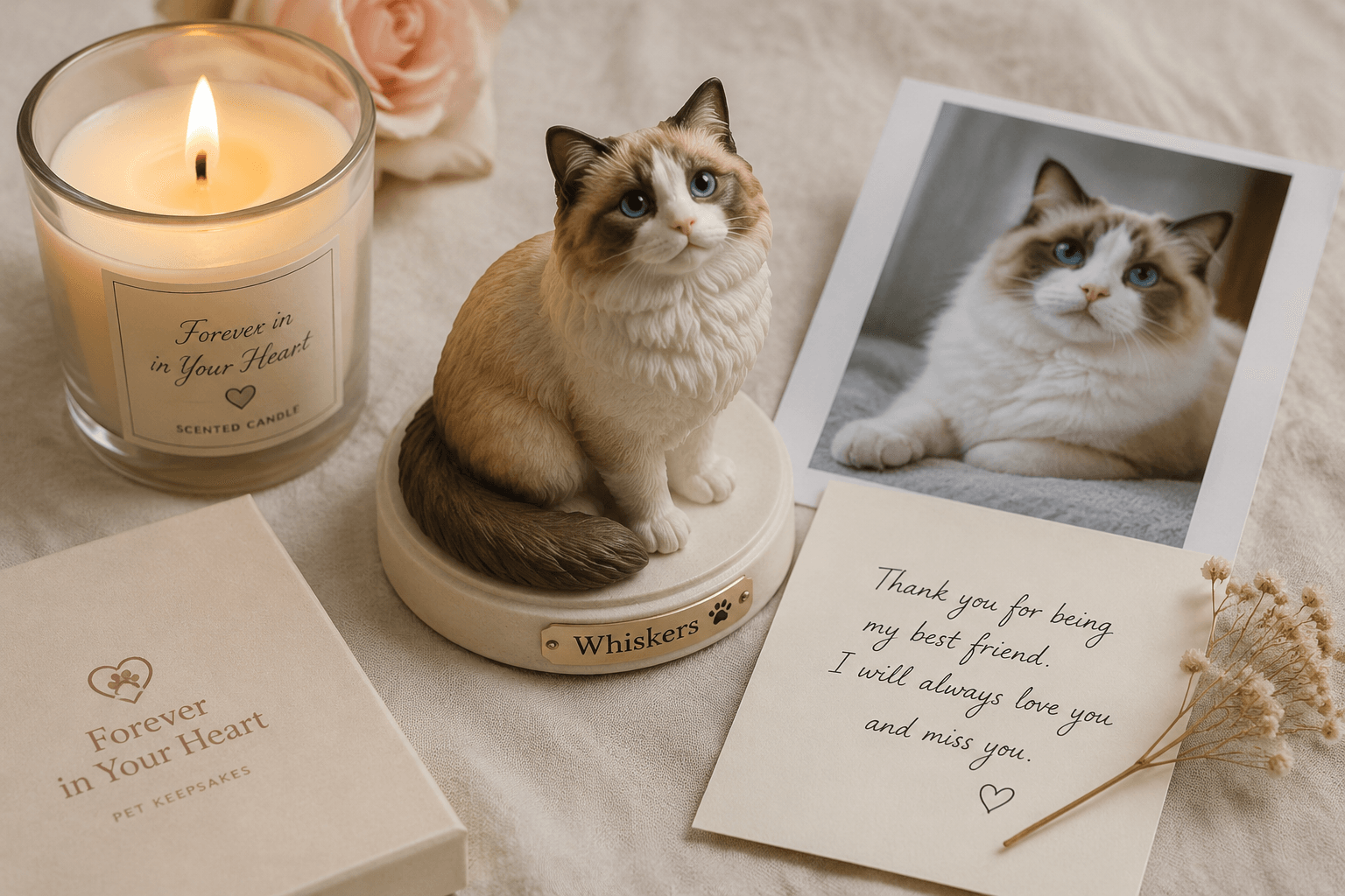 Affordable sympathy keepsakes including a resin Ragdoll figurine, candle, and card for a grieving mom