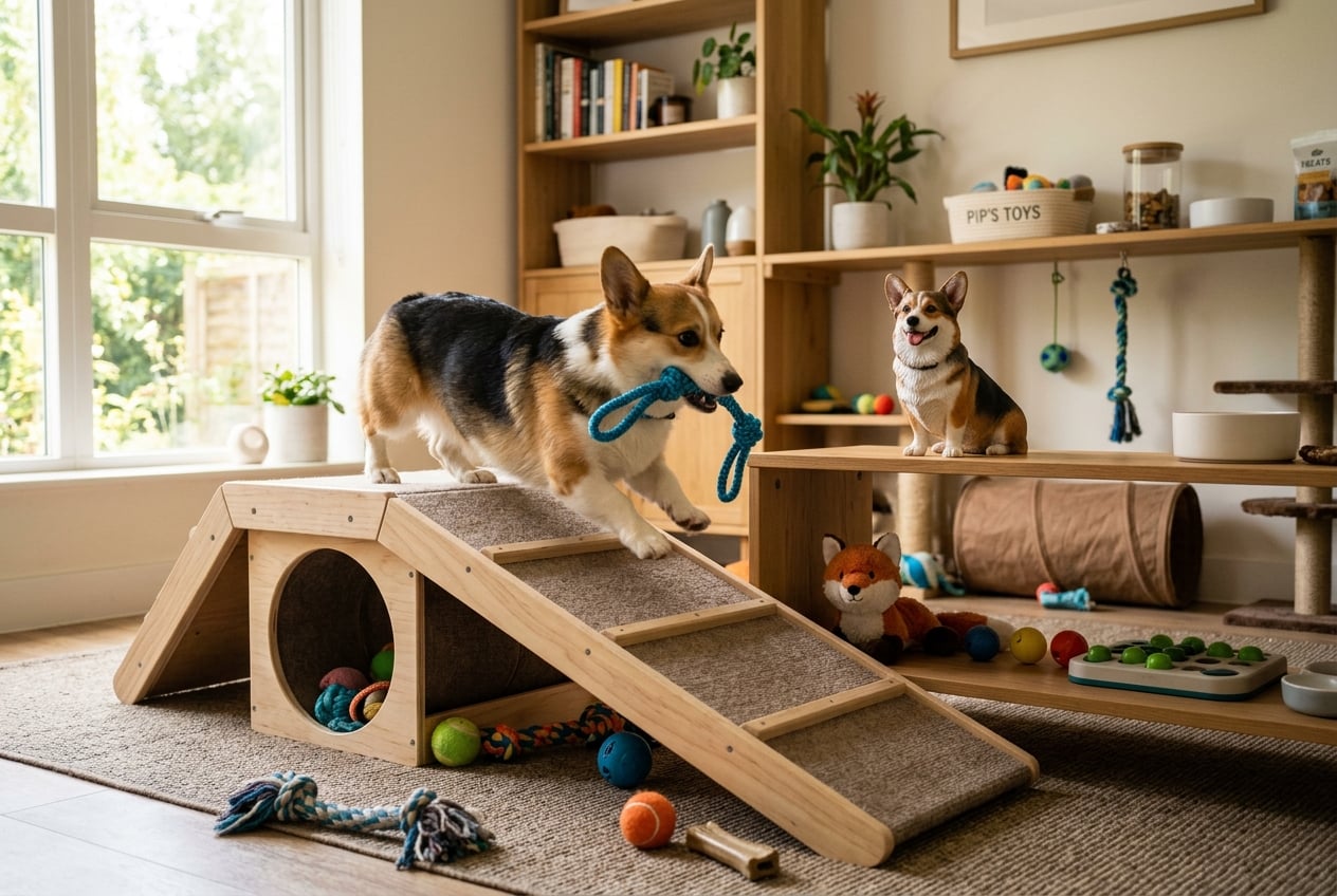 Corgi playing in enriched environment with figurine on shelf