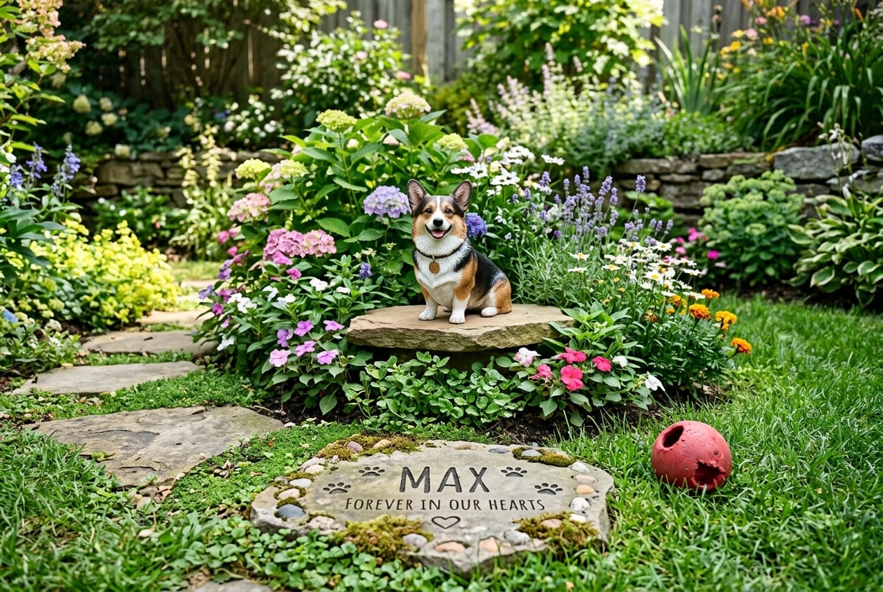 Full-color 3D printed resin figurine of a Corgi in a blooming memorial garden beside a favorite ball on grass